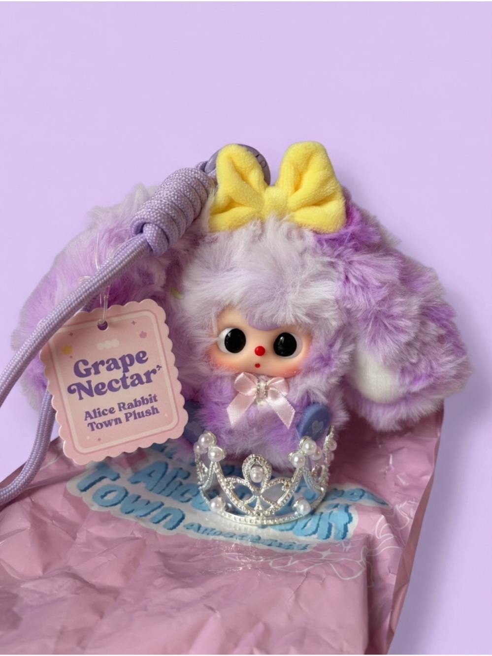 136, Alice Rabbit Town Plush Keychain - Lavender with Yellow Bow